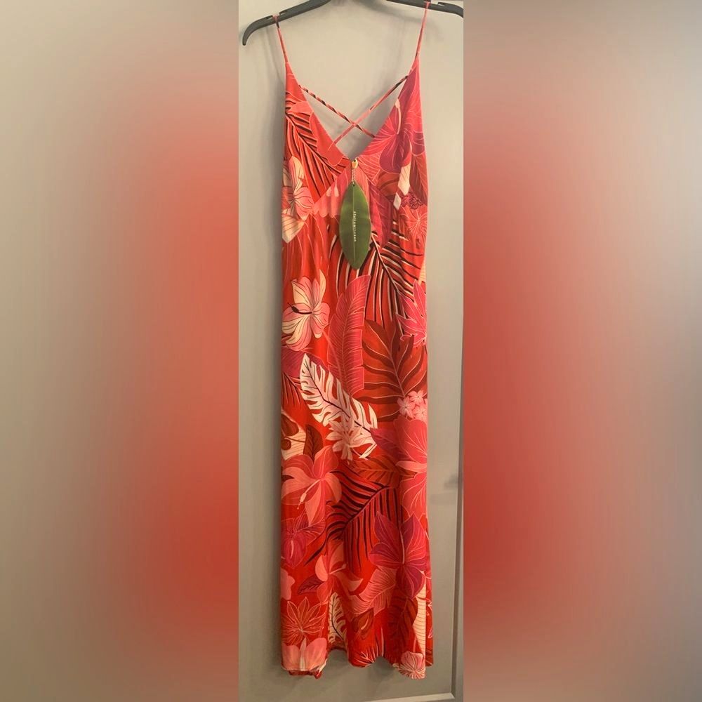 Farm Rio Philipa Maxi Dress Red Pink Floral Size Large Tropical Boho Sundress - Picture 4 of 14